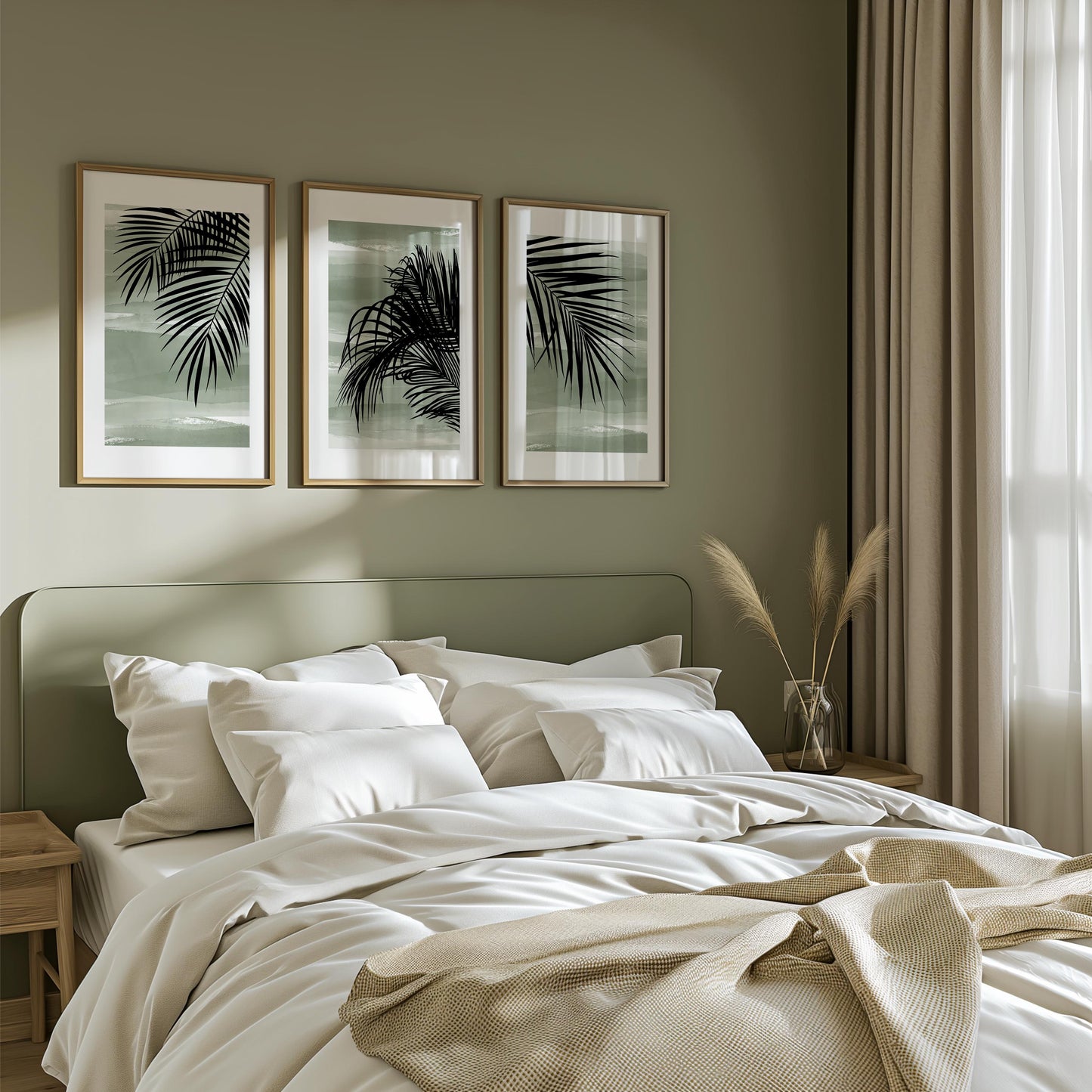 Sage Green Palm Leaf Wall Art Set of 3 Prints, Tropical Boho Posters for Coastal Living Room Decor, Minimalist Gallery Wall B47