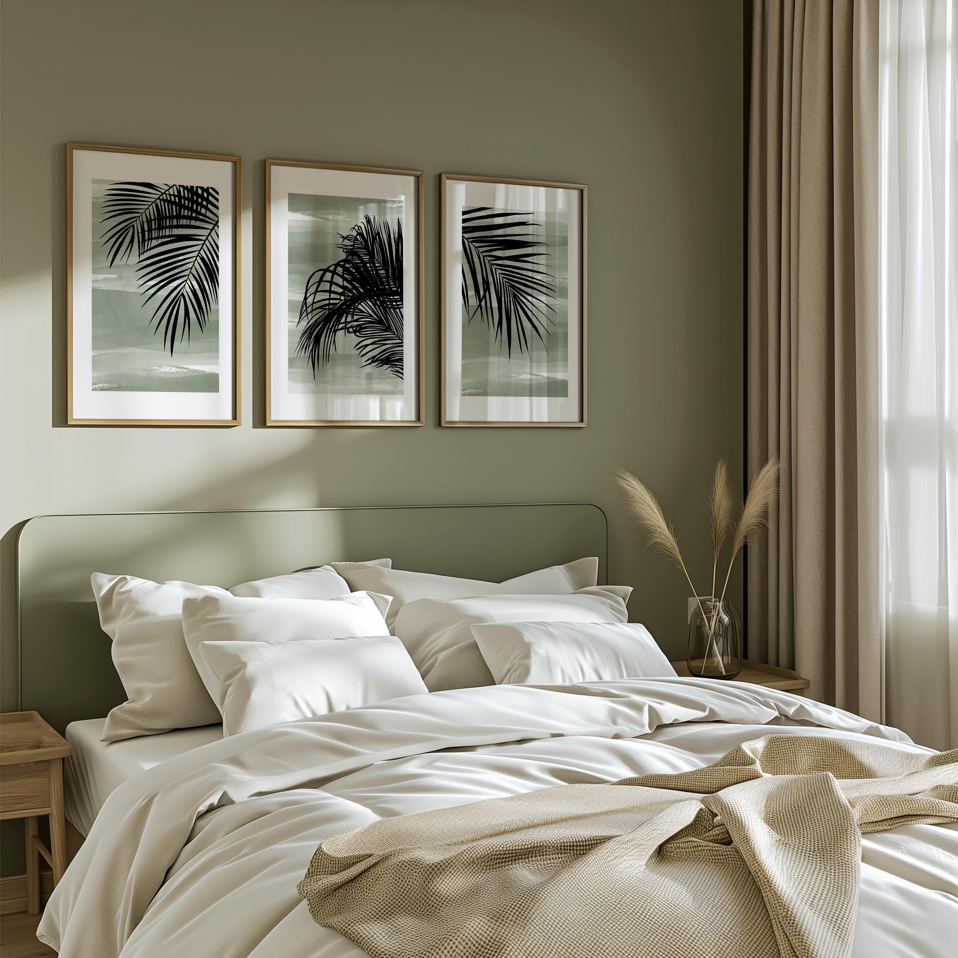 Sage Green Palm Leaf Wall Art Set of 3 Prints, Tropical Boho Posters for Coastal Living Room Decor, Minimalist Gallery Wall B47