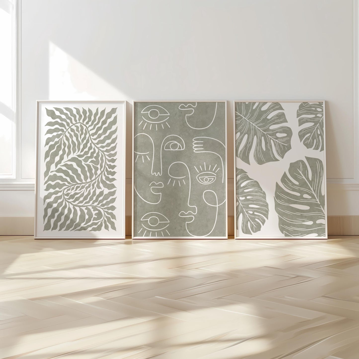 Abstract Face & Monstera Wall Art Set – Sage Green Line Art Prints – Minimalist Botanical Decor for Boho or Modern Interiors B48
