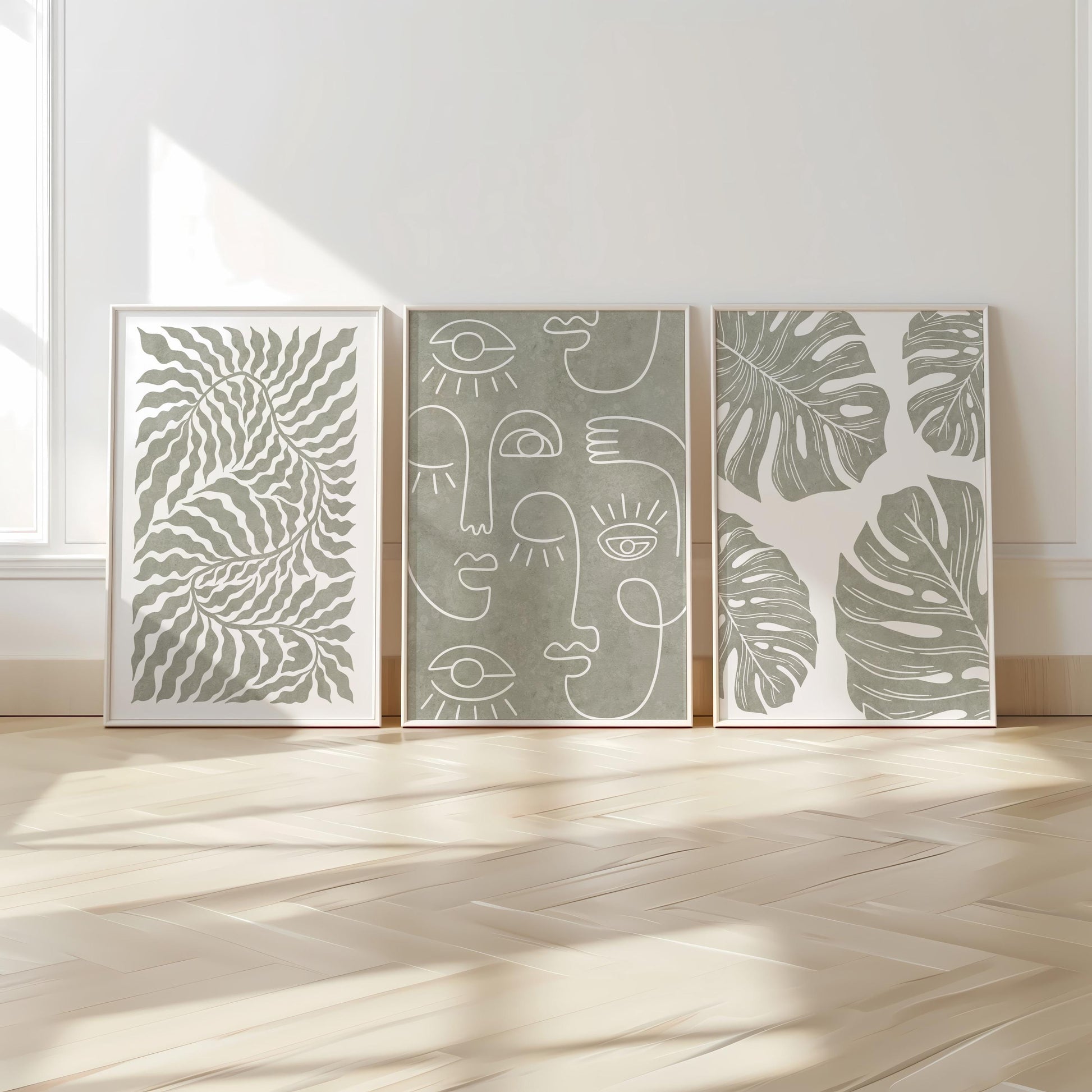Abstract Face & Monstera Wall Art Set – Sage Green Line Art Prints – Minimalist Botanical Decor for Boho or Modern Interiors B48