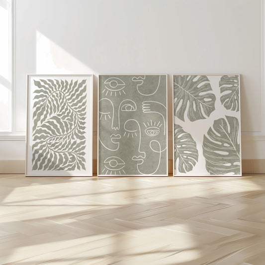 Abstract Face & Monstera Wall Art Set – Sage Green Line Art Prints – Minimalist Botanical Decor for Boho or Modern Interiors B48