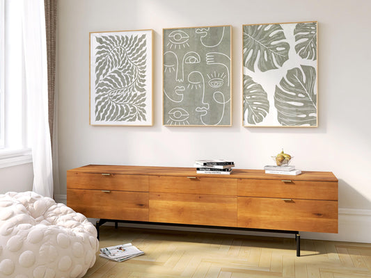 Abstract Face & Monstera Wall Art Set – Sage Green Line Art Prints – Minimalist Botanical Decor for Boho or Modern Interiors B48