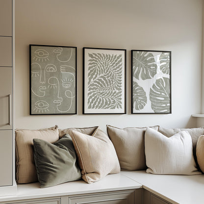 Abstract Face & Monstera Wall Art Set – Sage Green Line Art Prints – Minimalist Botanical Decor for Boho or Modern Interiors B48