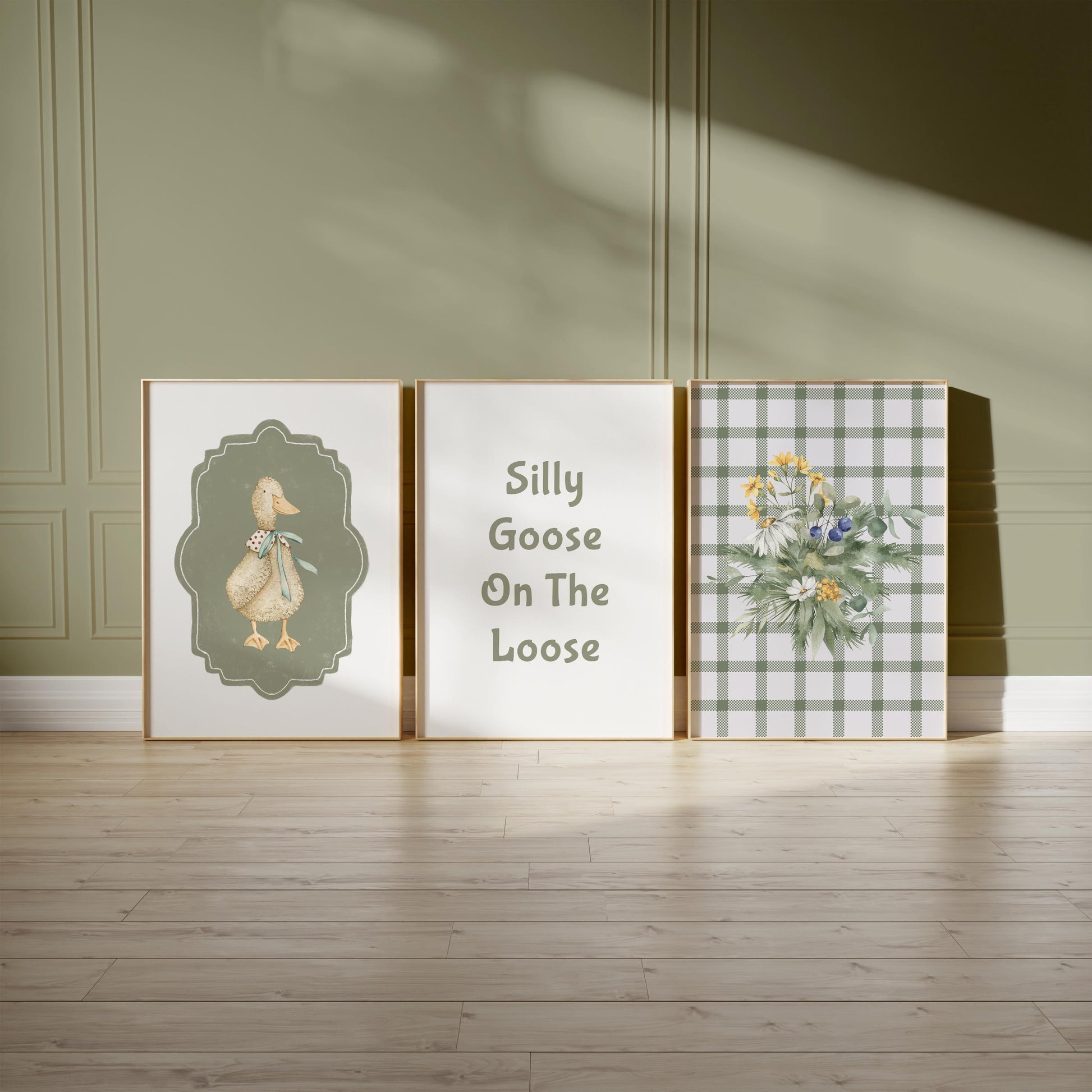 Vintage Farmhouse Goose Nursery Print, Plaid Floral Wall Art N234