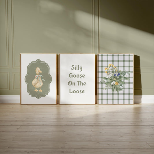 Vintage Farmhouse Goose Nursery Print, Plaid Floral Wall Art N234