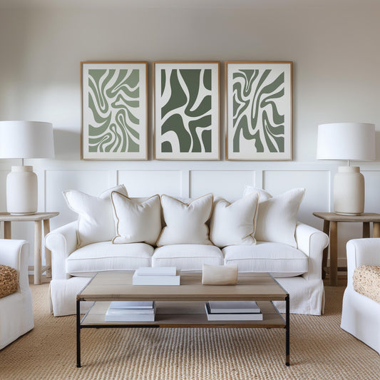 Abstract Green Wall Art – Organic Shape Poster Trio in Sage Olive – Minimalist Print Set for Modern Neutral Living Room or Bedroom Decor B49