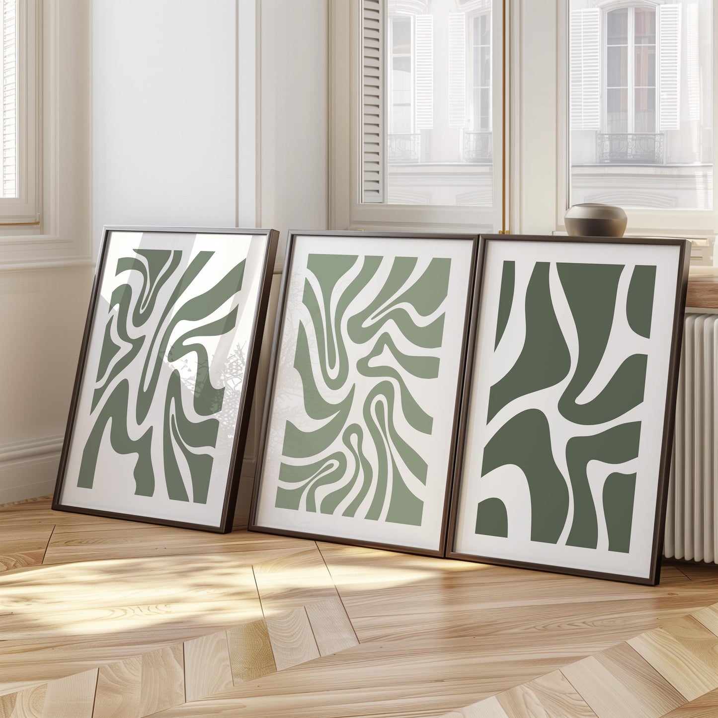Abstract Green Wall Art – Organic Shape Poster Trio in Sage Olive – Minimalist Print Set for Modern Neutral Living Room or Bedroom Decor B49