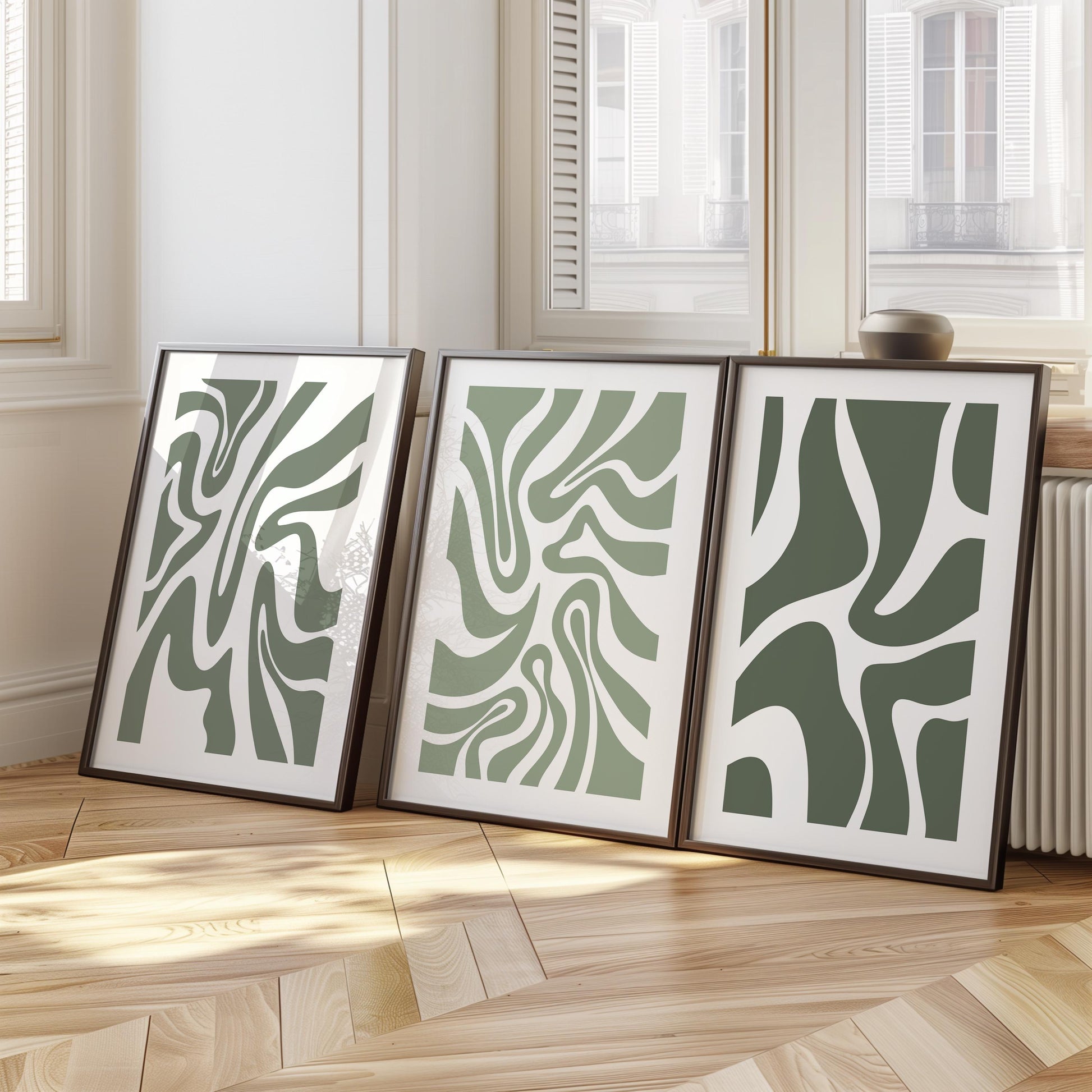 Abstract Green Wall Art – Organic Shape Poster Trio in Sage Olive – Minimalist Print Set for Modern Neutral Living Room or Bedroom Decor B49