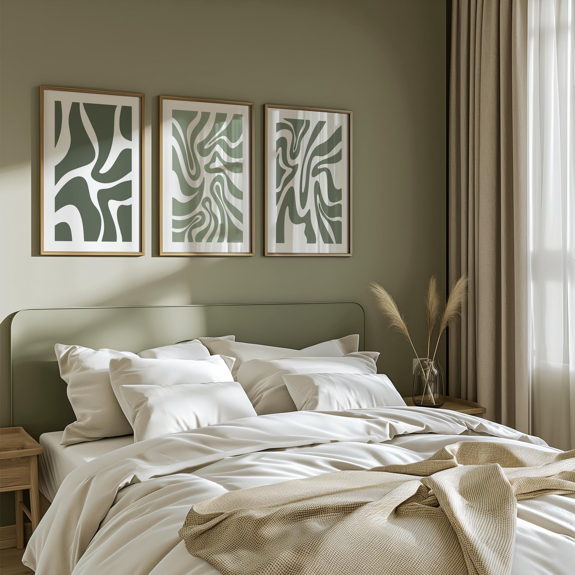 Abstract Green Wall Art – Organic Shape Poster Trio in Sage Olive – Minimalist Print Set for Modern Neutral Living Room or Bedroom Decor B49
