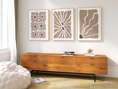 Boho Floral Botanical Wall Art Set of 3: Beige Abstract Prints, Neutral Minimalist Posters for Modern Living Room Decor B50
