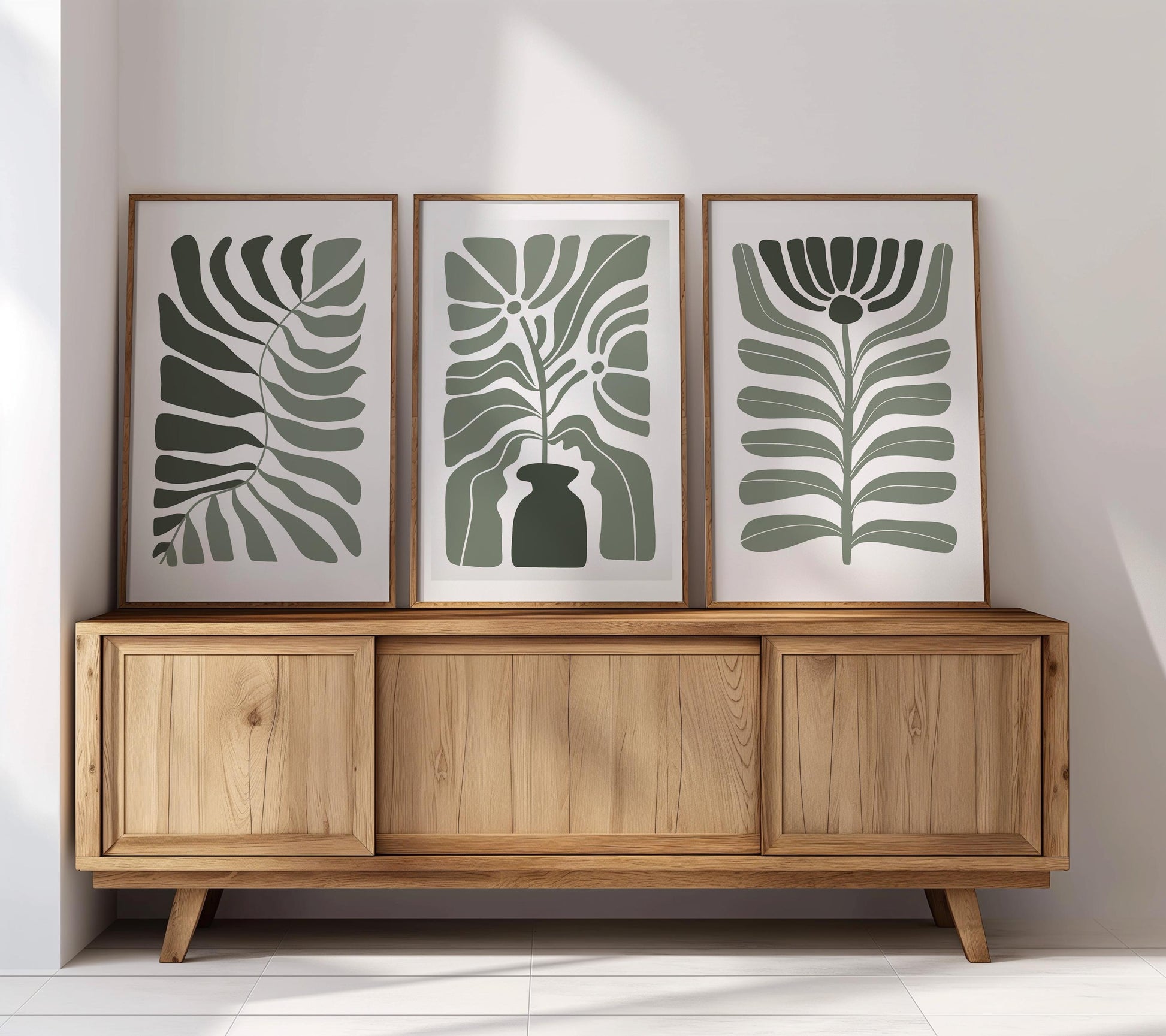 Abstract Botanical Wall Art Set, Green Leaf Vase Prints in Scandinavian Style, Minimalist Plant Decor for Modern Living Room or Bedroom B51