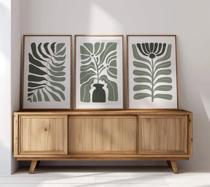 Abstract Botanical Wall Art Set, Green Leaf Vase Prints in Scandinavian Style, Minimalist Plant Decor for Modern Living Room or Bedroom B51