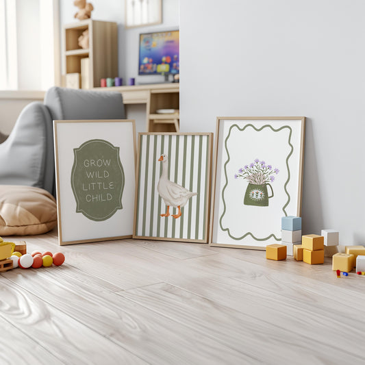Goose Nursery Art Prints Set: Floral Teapot, Grow Wild Quote N235