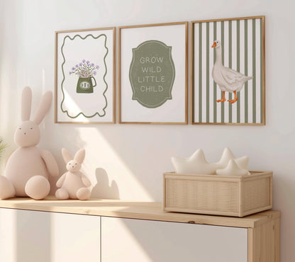Goose Nursery Art Prints Set: Floral Teapot, Grow Wild Quote N235