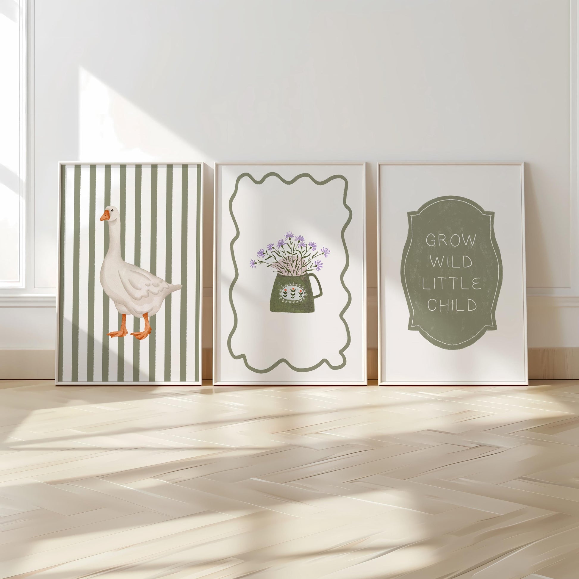 Goose Nursery Art Prints Set: Floral Teapot, Grow Wild Quote N235
