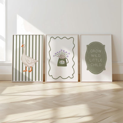Goose Nursery Art Prints Set: Floral Teapot, Grow Wild Quote N235