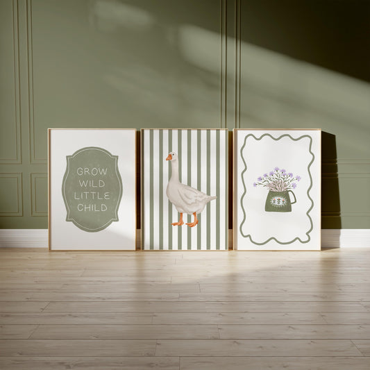 Goose Nursery Art Prints Set: Floral Teapot, Grow Wild Quote N235
