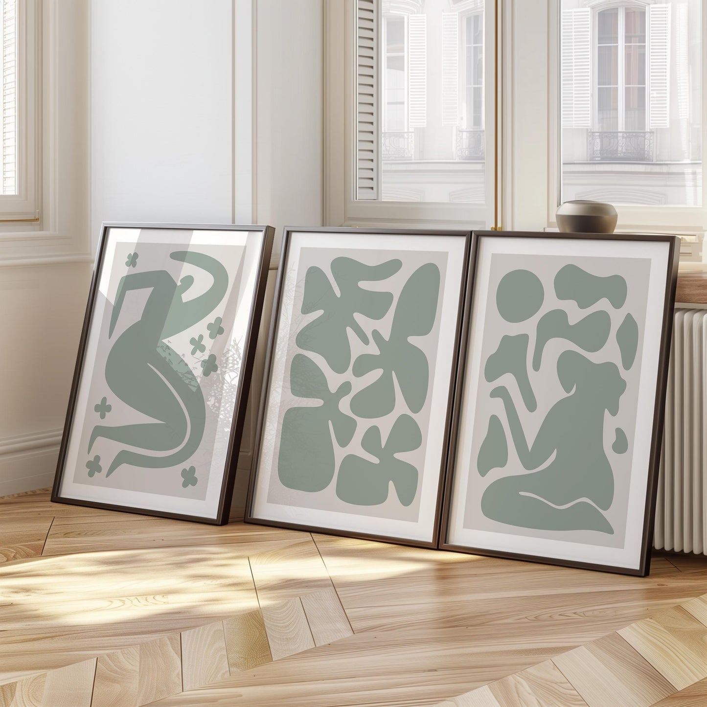 Abstract Green Wall Art Set – Mid Century Modern Posters for Living Room, Minimalist Line Art Prints, Neutral Boho Home Decor B52