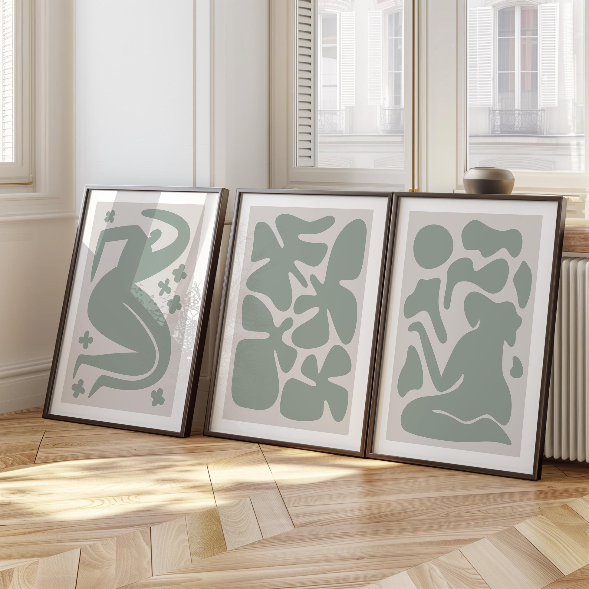 Abstract Green Wall Art Set – Mid Century Modern Posters for Living Room, Minimalist Line Art Prints, Neutral Boho Home Decor B52