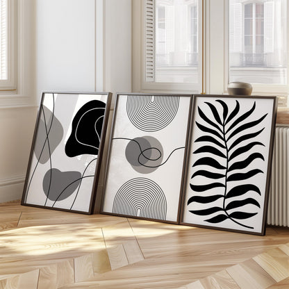 Minimalist Black and White Wall Art Set of 3, Modern Abstract Line Art, Scandinavian Botanical Prints, Neutral Living Room Decor Poster B37