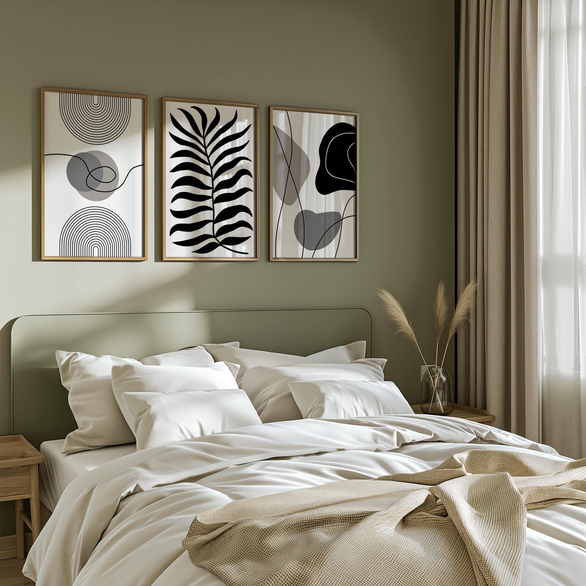 Minimalist Black and White Wall Art Set of 3, Modern Abstract Line Art, Scandinavian Botanical Prints, Neutral Living Room Decor Poster B37