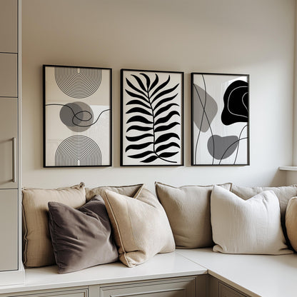 Minimalist Black and White Wall Art Set of 3, Modern Abstract Line Art, Scandinavian Botanical Prints, Neutral Living Room Decor Poster B37