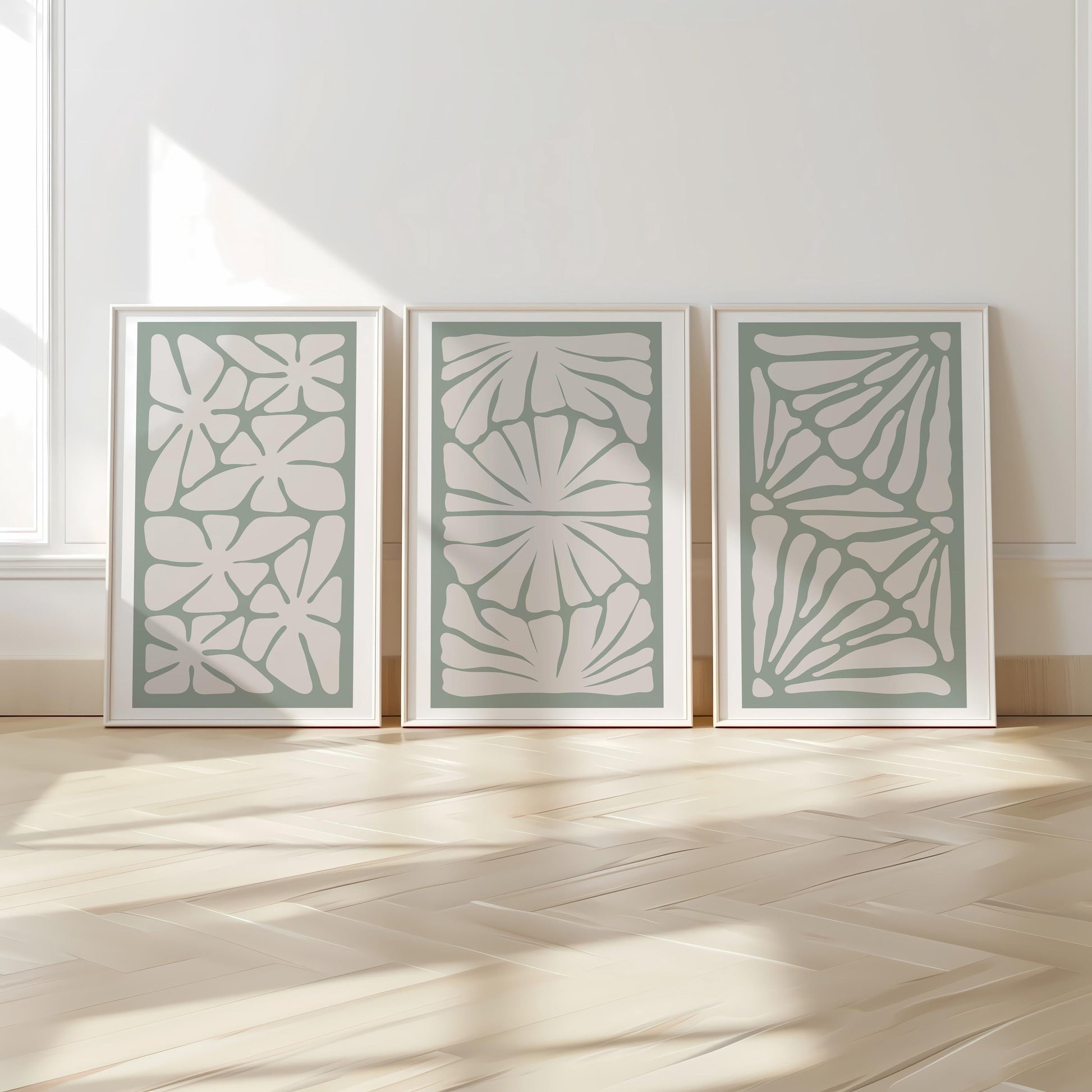 Green Abstract Wall Art – Japandi Minimalist Poster Set of 3 – Boho Botanical Prints for Modern Home & Neutral Room Decor B53
