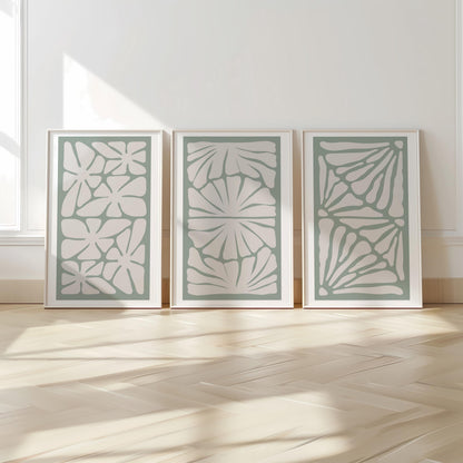 Green Abstract Wall Art – Japandi Minimalist Poster Set of 3 – Boho Botanical Prints for Modern Home & Neutral Room Decor B53