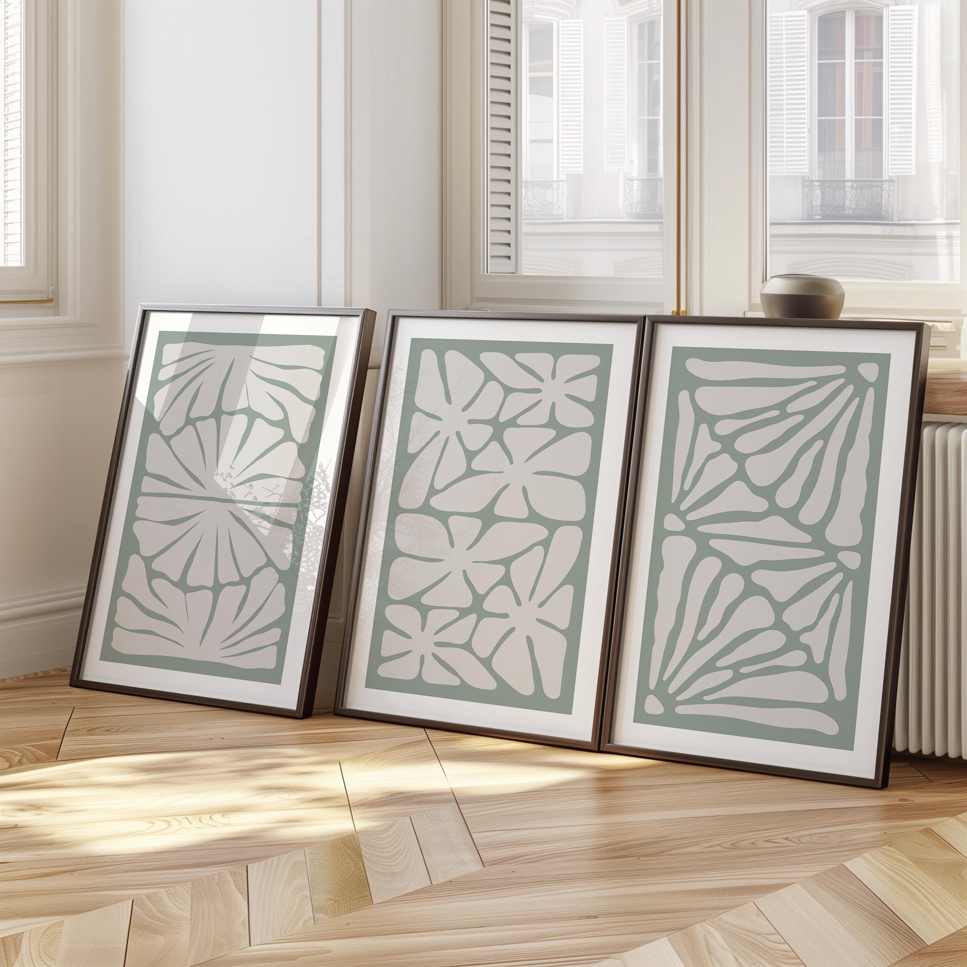 Green Abstract Wall Art – Japandi Minimalist Poster Set of 3 – Boho Botanical Prints for Modern Home & Neutral Room Decor B53