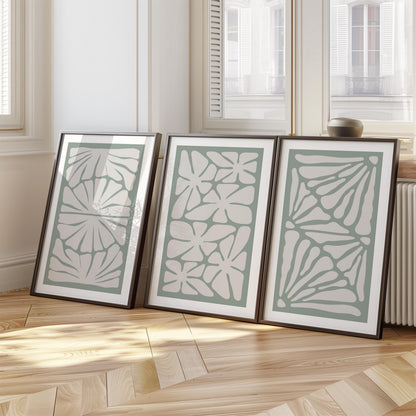 Green Abstract Wall Art – Japandi Minimalist Poster Set of 3 – Boho Botanical Prints for Modern Home & Neutral Room Decor B53