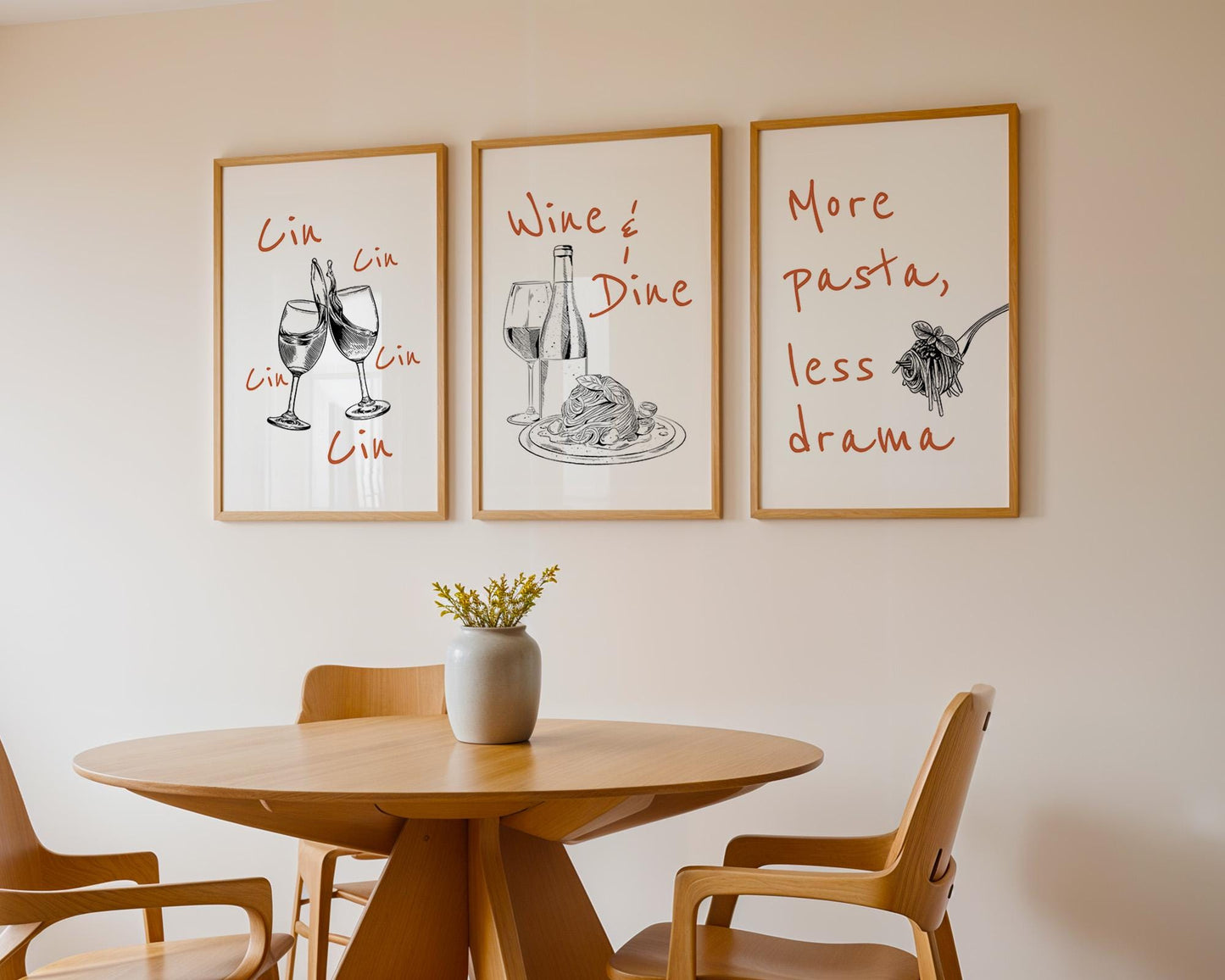 Funny Kitchen Wall Art Set – Wine and Pasta Posters for Dining Room, Hand Drawn Food Prints, Italian Quote Art, Cafe or Bar Decor D144