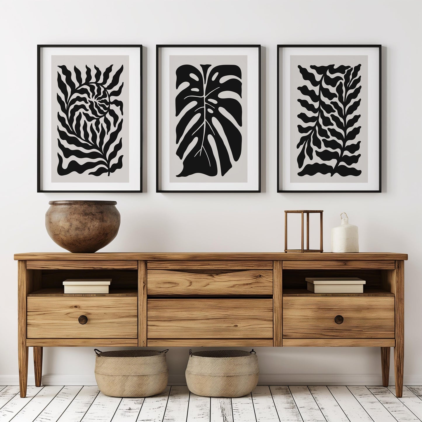 Abstract Botanical Wall Art - Black and Beige Leaf Print Set of 3 for Modern, Japandi, Minimalist, or Scandinavian Interior Decor B54