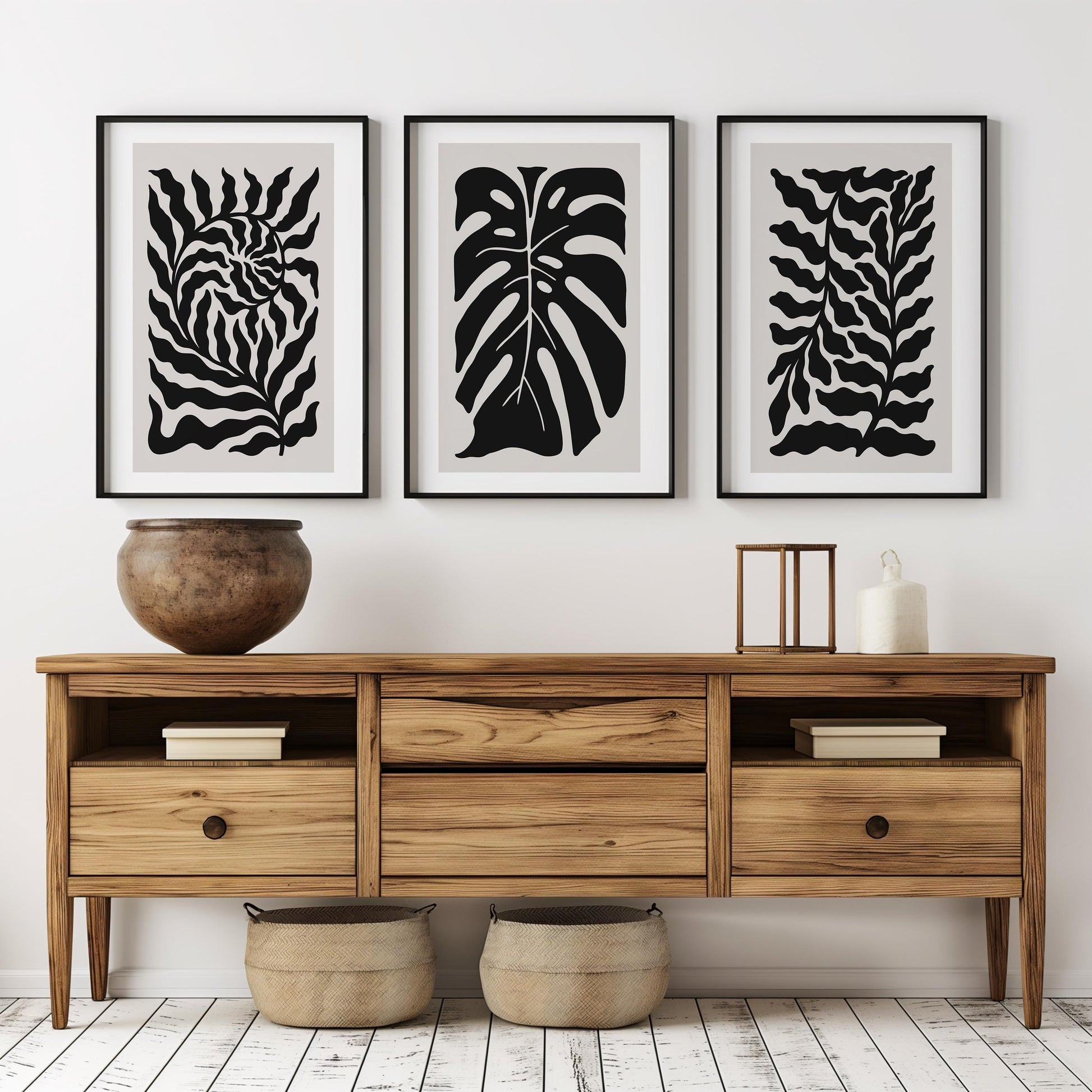 Abstract Botanical Wall Art - Black and Beige Leaf Print Set of 3 for Modern, Japandi, Minimalist, or Scandinavian Interior Decor B54
