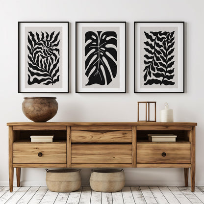 Abstract Botanical Wall Art - Black and Beige Leaf Print Set of 3 for Modern, Japandi, Minimalist, or Scandinavian Interior Decor B54