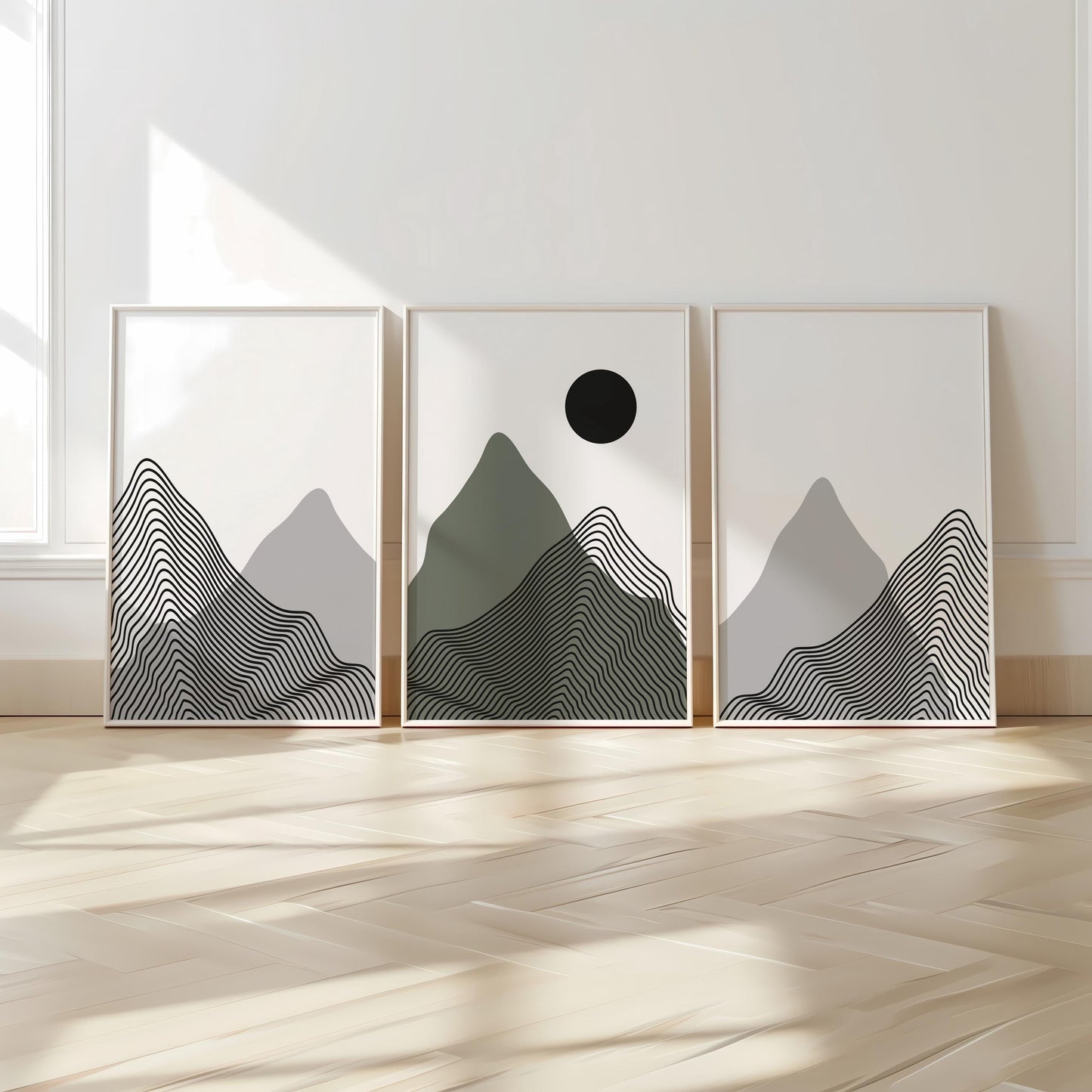 Minimalist Mountain Wall Art Set of 3 – Modern Black Line Art Landscape Prints – Abstract Scandinavian Nature Decor for Living Room B39