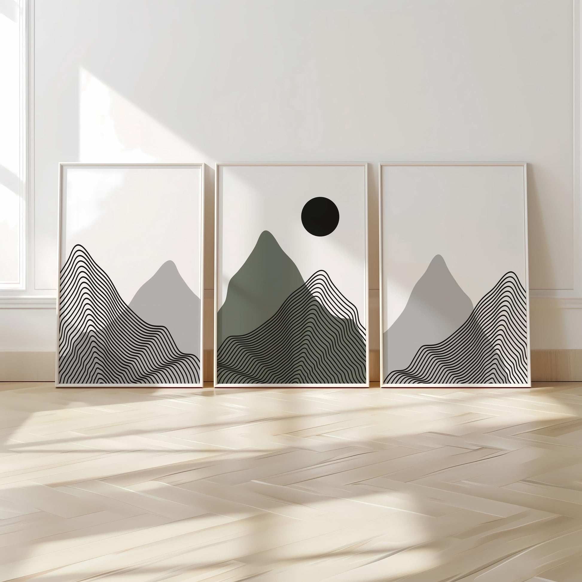 Minimalist Mountain Wall Art Set of 3 – Modern Black Line Art Landscape Prints – Abstract Scandinavian Nature Decor for Living Room B39