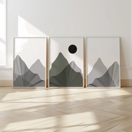 Minimalist Mountain Wall Art Set of 3 – Modern Black Line Art Landscape Prints – Abstract Scandinavian Nature Decor for Living Room B39
