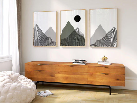 Minimalist Mountain Wall Art Set of 3 – Modern Black Line Art Landscape Prints – Abstract Scandinavian Nature Decor for Living Room B39