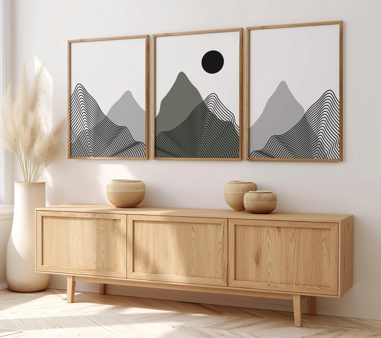 Minimalist Mountain Wall Art Set of 3 – Modern Black Line Art Landscape Prints – Abstract Scandinavian Nature Decor for Living Room B39