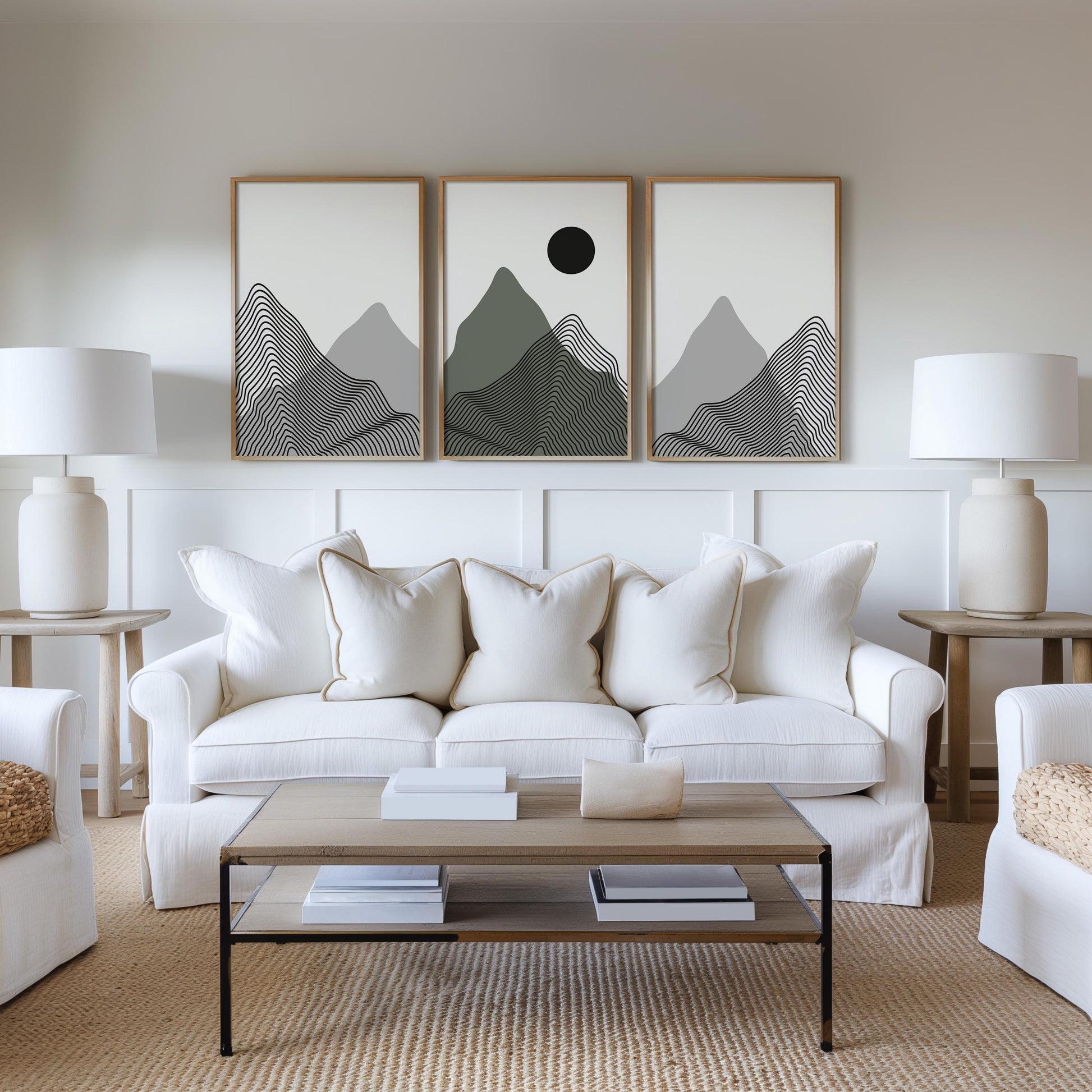 Minimalist Mountain Wall Art Set of 3 – Modern Black Line Art Landscape Prints – Abstract Scandinavian Nature Decor for Living Room B39