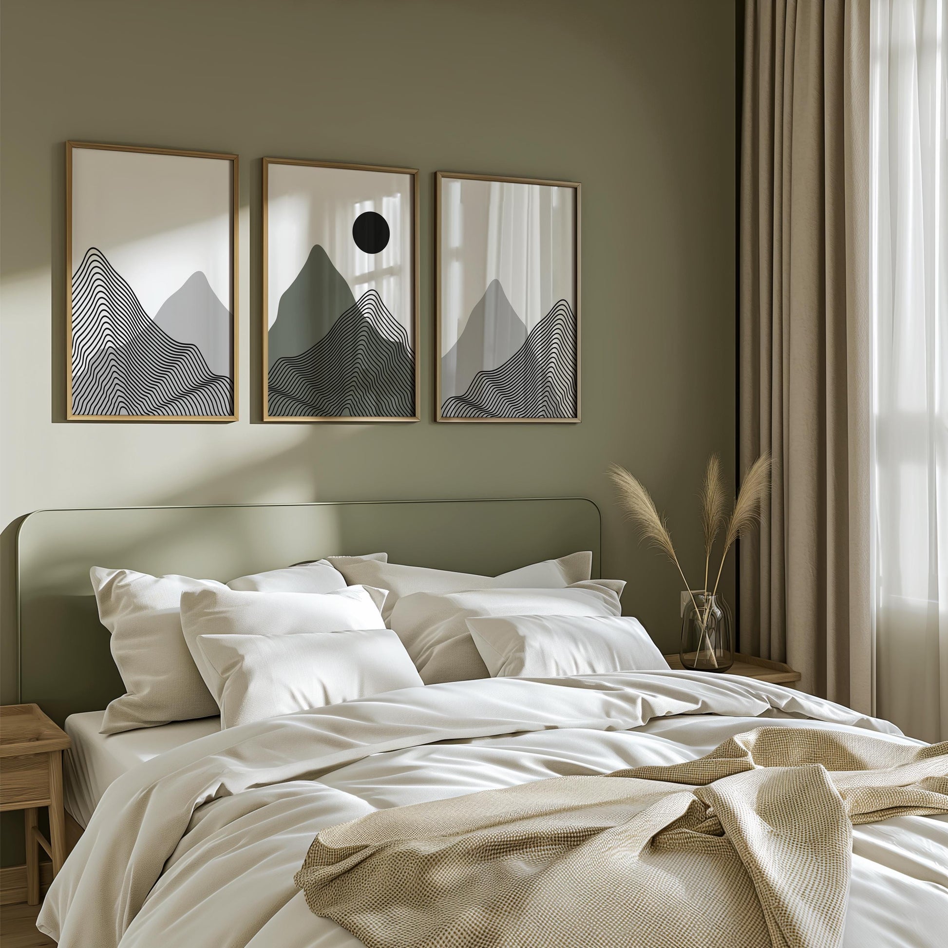 Minimalist Mountain Wall Art Set of 3 – Modern Black Line Art Landscape Prints – Abstract Scandinavian Nature Decor for Living Room B39