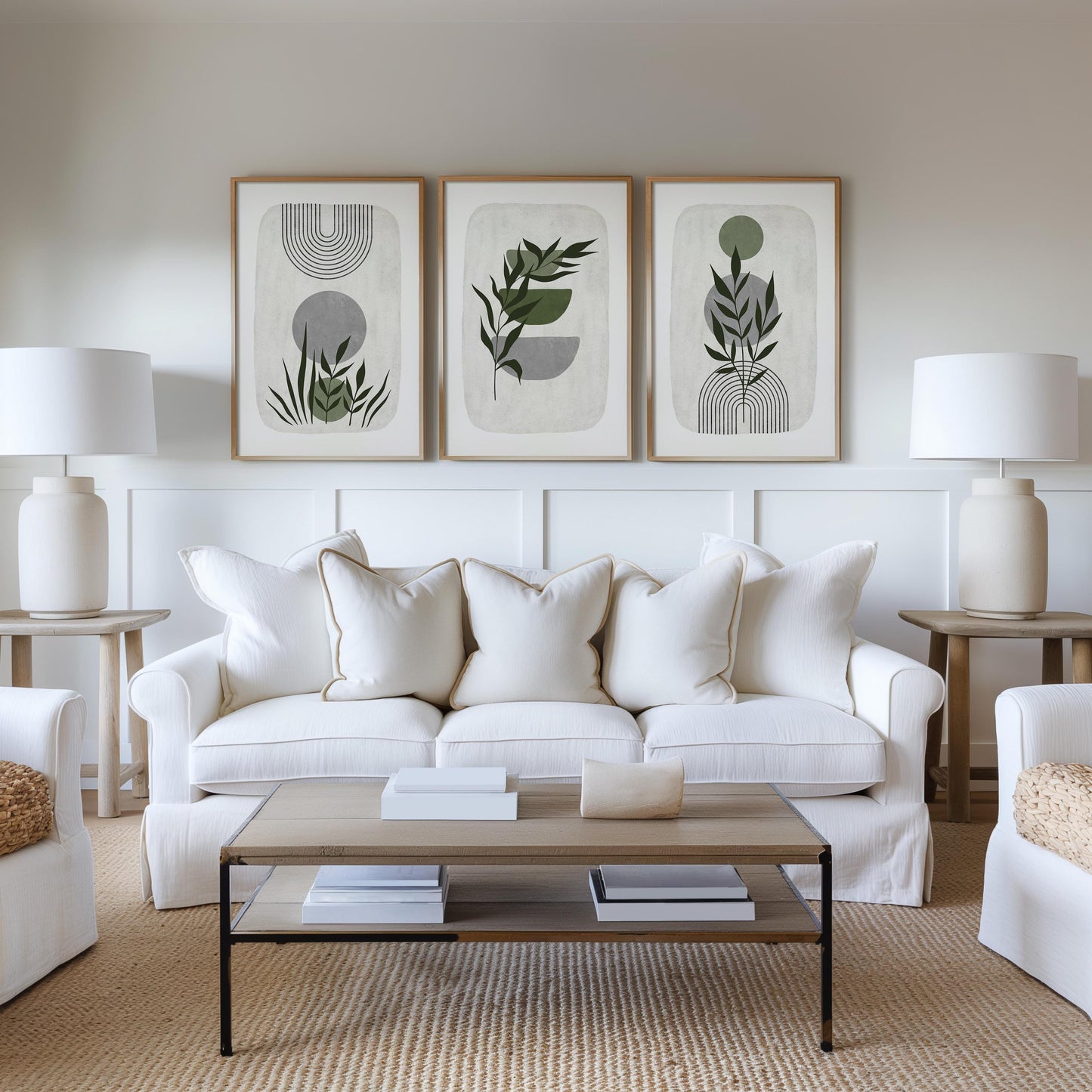 Boho Abstract Wall Prints, Sage Green Botanical Art (Set of 3)  B021