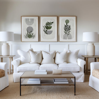 Boho Abstract Wall Prints, Sage Green Botanical Art (Set of 3)  B021