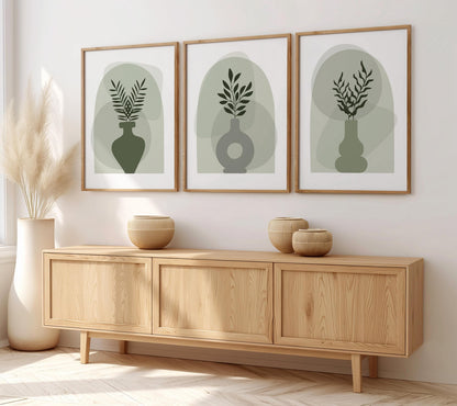 Boho Wall Prints, Set of 3 Boho Vase Wall Art, Sage Green Prints, Boho Abstract Posters, Geometric Home Poster, Calm Botanical Decor B025