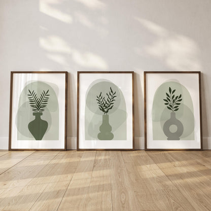 Boho Wall Prints, Set of 3 Boho Vase Wall Art, Sage Green Prints, Boho Abstract Posters, Geometric Home Poster, Calm Botanical Decor B025