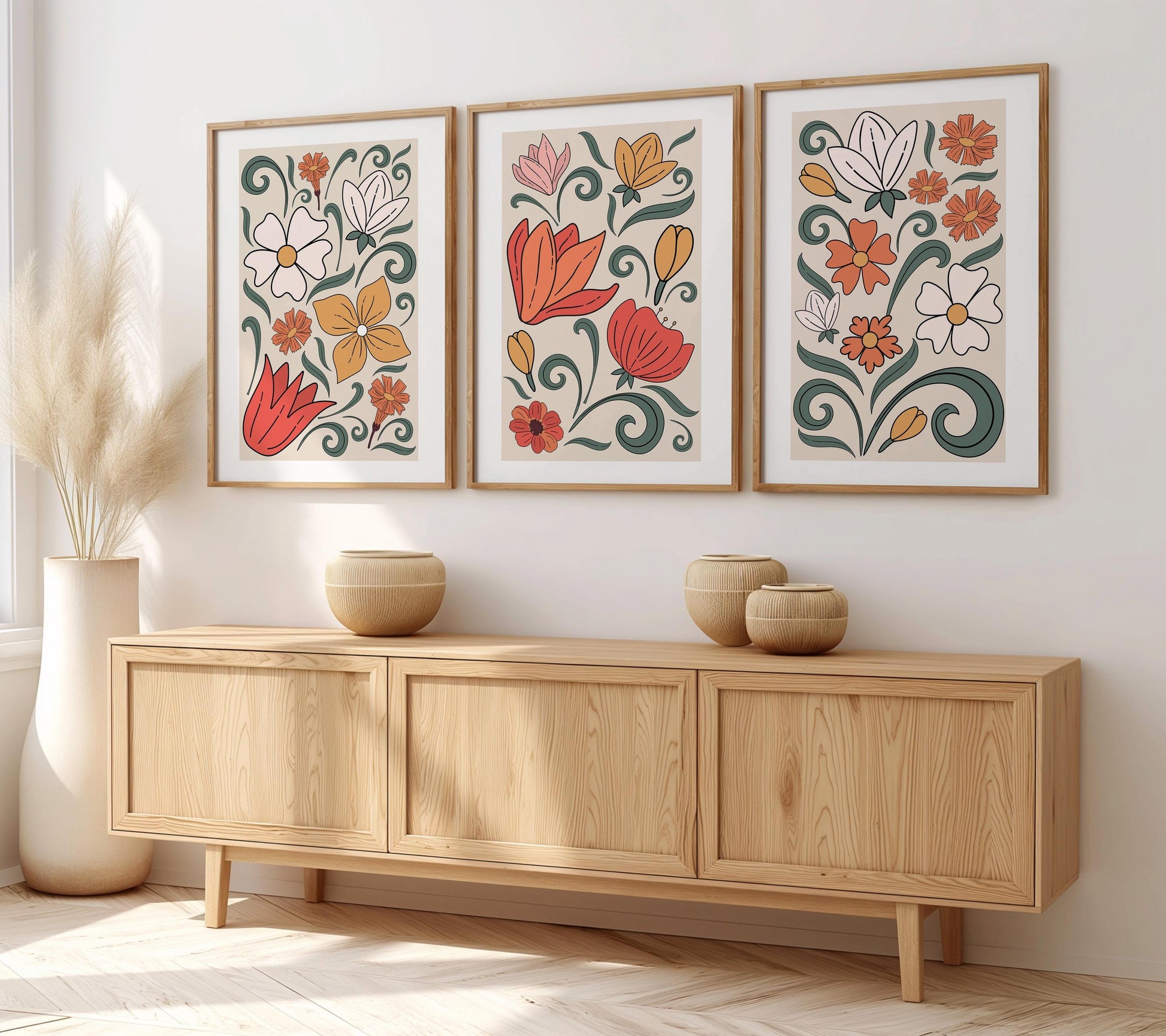 Set of 3 Boho Wall Prints, Boho Wall Art, Boho Home Decor, Retro Flower Poster, Vibrant Floral Poster, Beige, Mid-Century Style Art B019