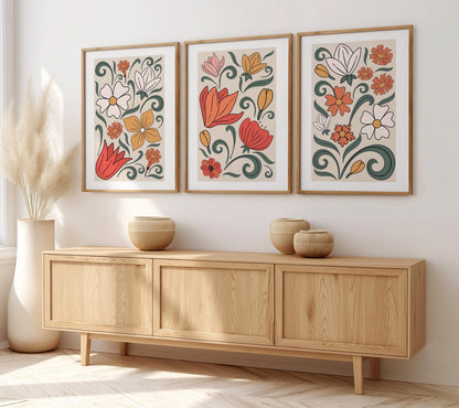Set of 3 Boho Wall Prints, Boho Wall Art, Boho Home Decor, Retro Flower Poster, Vibrant Floral Poster, Beige, Mid-Century Style Art B019