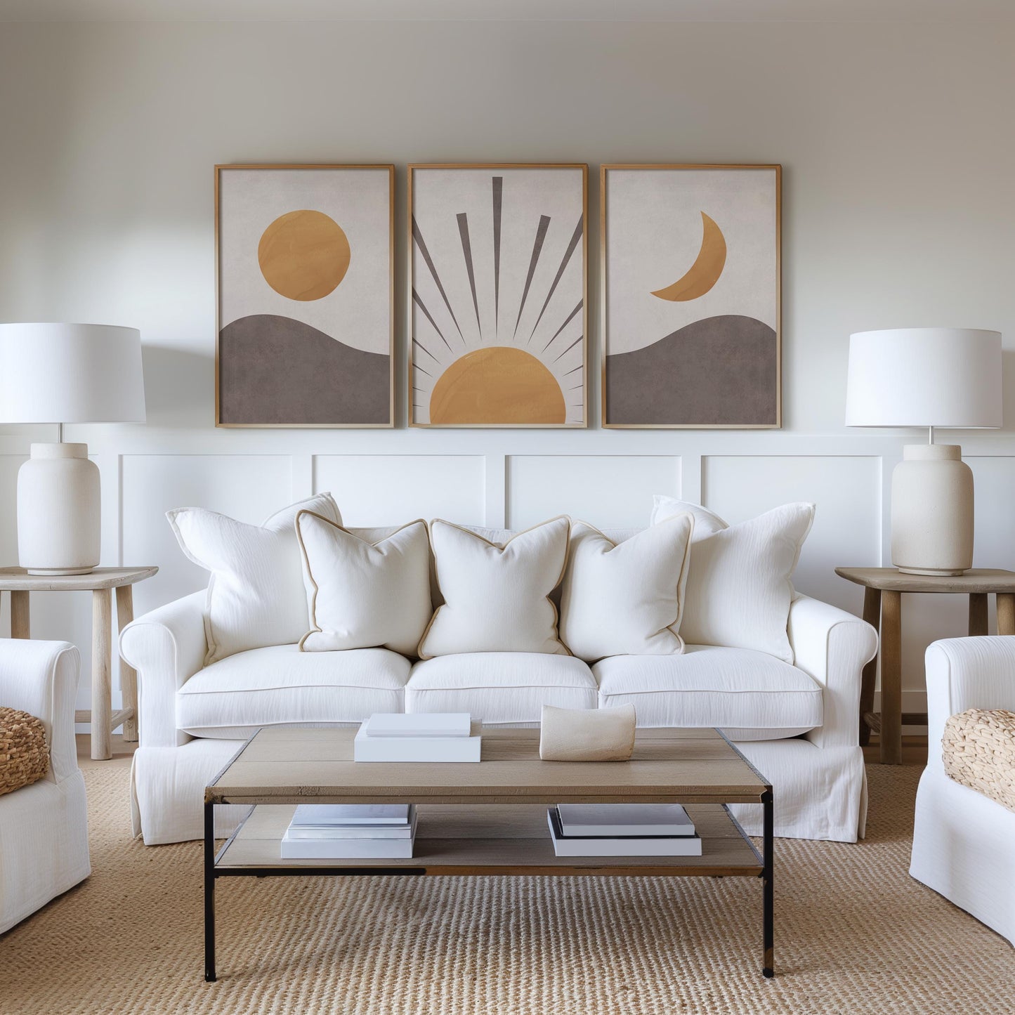 Set of 3 Boho Wall Art Prints, Earth Tone Boho Home Decor, Boho Abstract Geometric Posters, Beige Living Room Art, Sun Mid Century Art B018