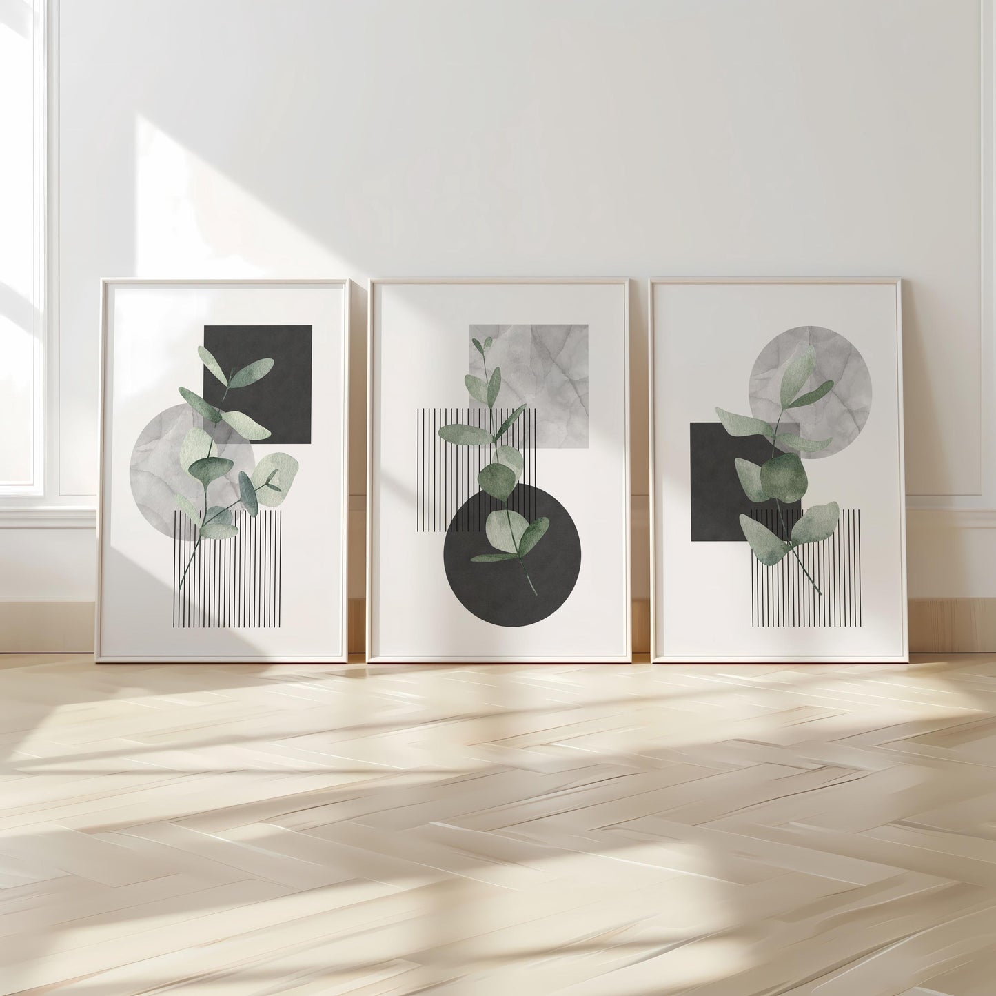 Minimal Botanical Wall Art Set of 3, Modern Eucalyptus Prints, Japandi Home Decor, Neutral Abstract Line Posters for Living Room Bedroom B32