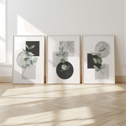 Minimal Botanical Wall Art Set of 3, Modern Eucalyptus Prints, Japandi Home Decor, Neutral Abstract Line Posters for Living Room Bedroom B32